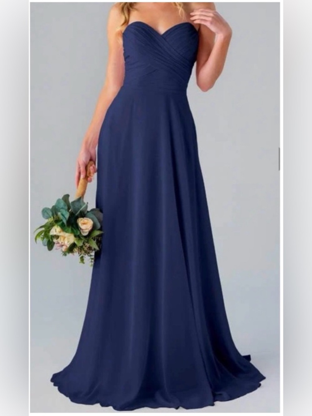 David's Bridal Strapless Navy Blue Chiffon Maxi Gown